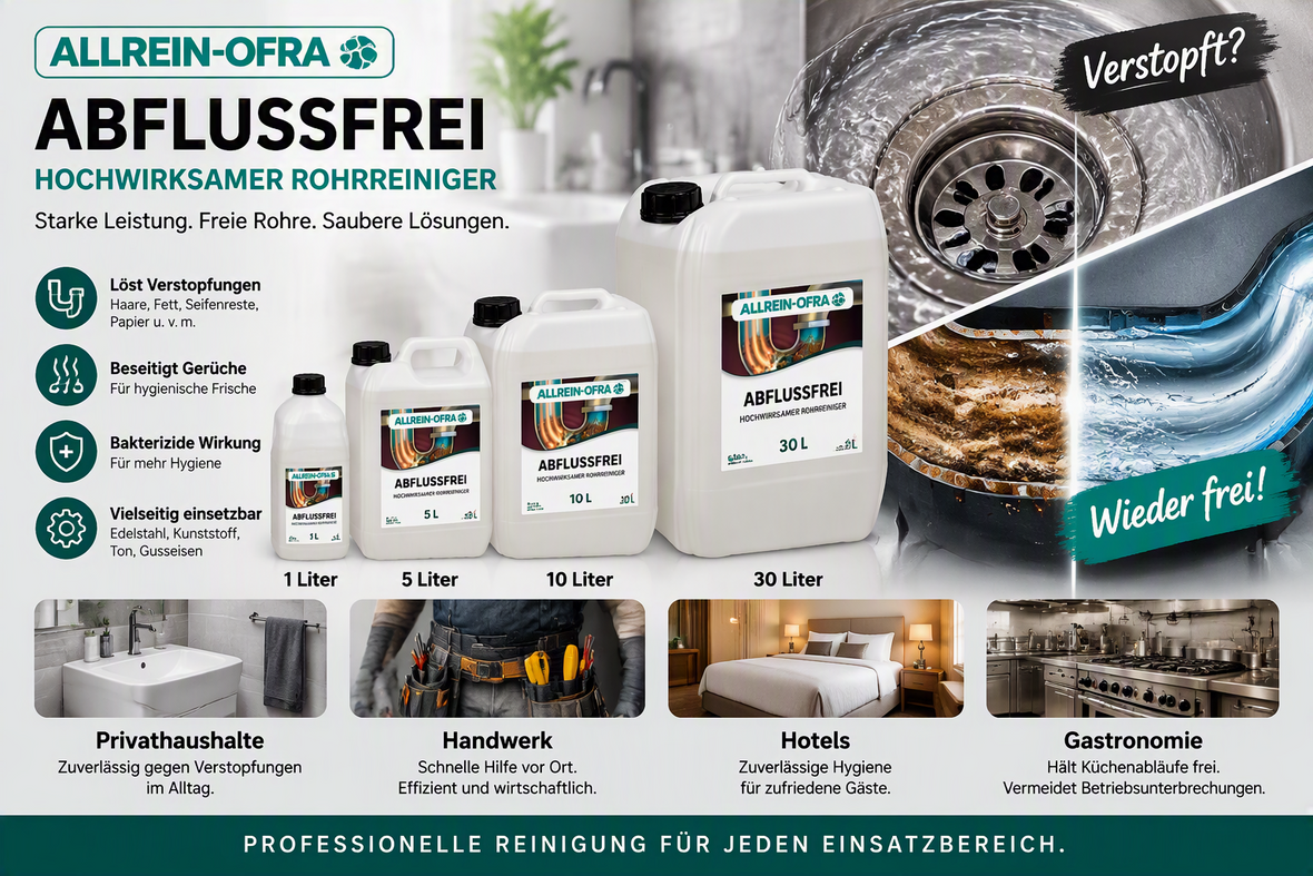 Rohrreiniger, Abflussreiniger, Rohrverstopfung lösen, Profi Rohrreiniger, Abflussfrei Allrein-Ofra, Rohrreinigung Gastronomie, Rohrreinigung Hotel, Abflussreiniger Handwerk, Abflussreiniger Haushalt, Fettlöser Abfluss.