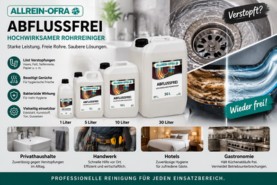 Rohrreiniger, Abflussreiniger, Rohrverstopfung lösen, Profi Rohrreiniger, Abflussfrei Allrein-Ofra, Rohrreinigung Gastronomie, Rohrreinigung Hotel, Abflussreiniger Handwerk, Abflussreiniger Haushalt, Fettlöser Abfluss.