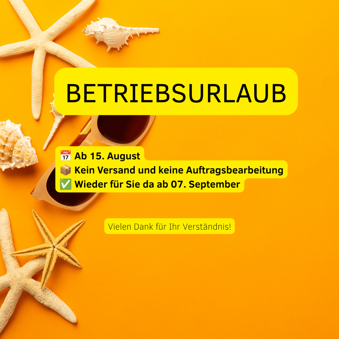 Betriebsurlaub vom 15.08.262 - 06.09.2026