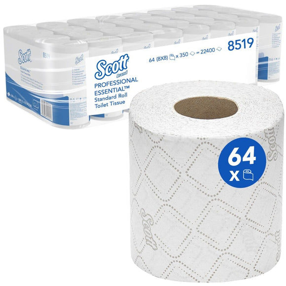 Scott® Essential™ Toilettenpapier - Kleinrollen / Weiß - 8 Packs  x 8 small rolls  x 350 Toilet Tissue Sheets | Karton (8 Päckchen)
