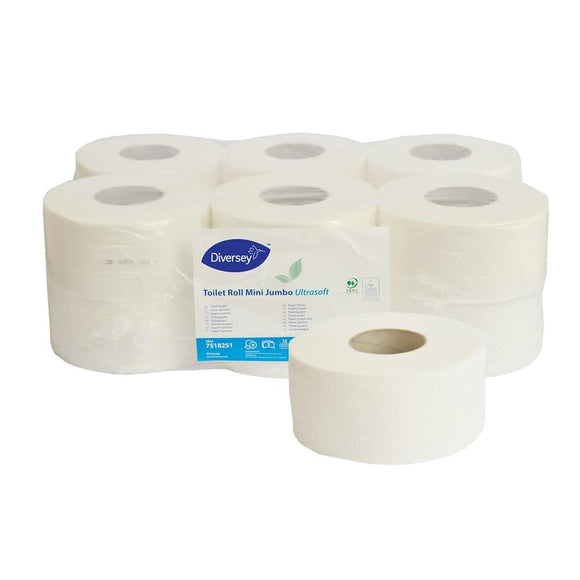 Toilettenpapier «Mini Jumbo» Ultrasoft 12 Stk., Toilettenpapier Jumborolle Mini, 2 lagig, weiß, 145m/Rolle, umweltzertifiziert | Packung (1 Rolle)