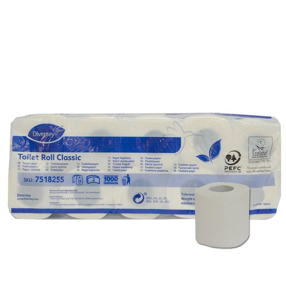 Toilettenpapier Classic, Toilettenpapier weiß aus Zellstoff, 2-lagig, 16,8m/Rolle (Ø 98mm), 160 Blätter/Rolle, umweltzertifiziert | Packung (10 Stück)