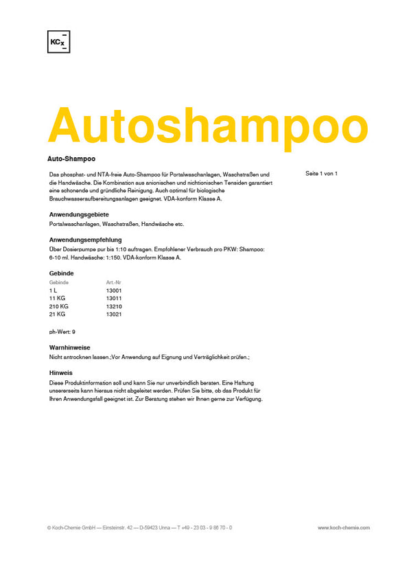 Autoshampoo AS 1L pH-neutral für Handwäsche Koch Chemie 13001