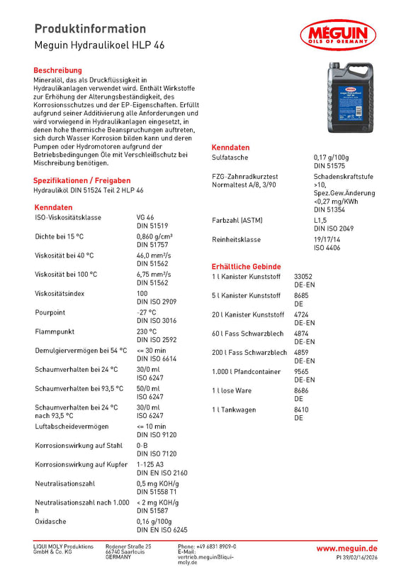 Hydrauliköl HLP 46 – 60 Liter Mineralöl für Industrieanlagen Meguin