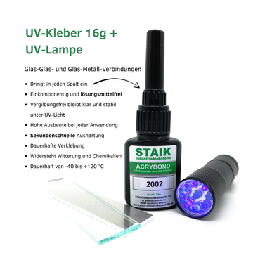 Hochleistungs UV-Kleber Staik Acrybond 2002 incl. UV-Lampe - 16g für Glas und Metall