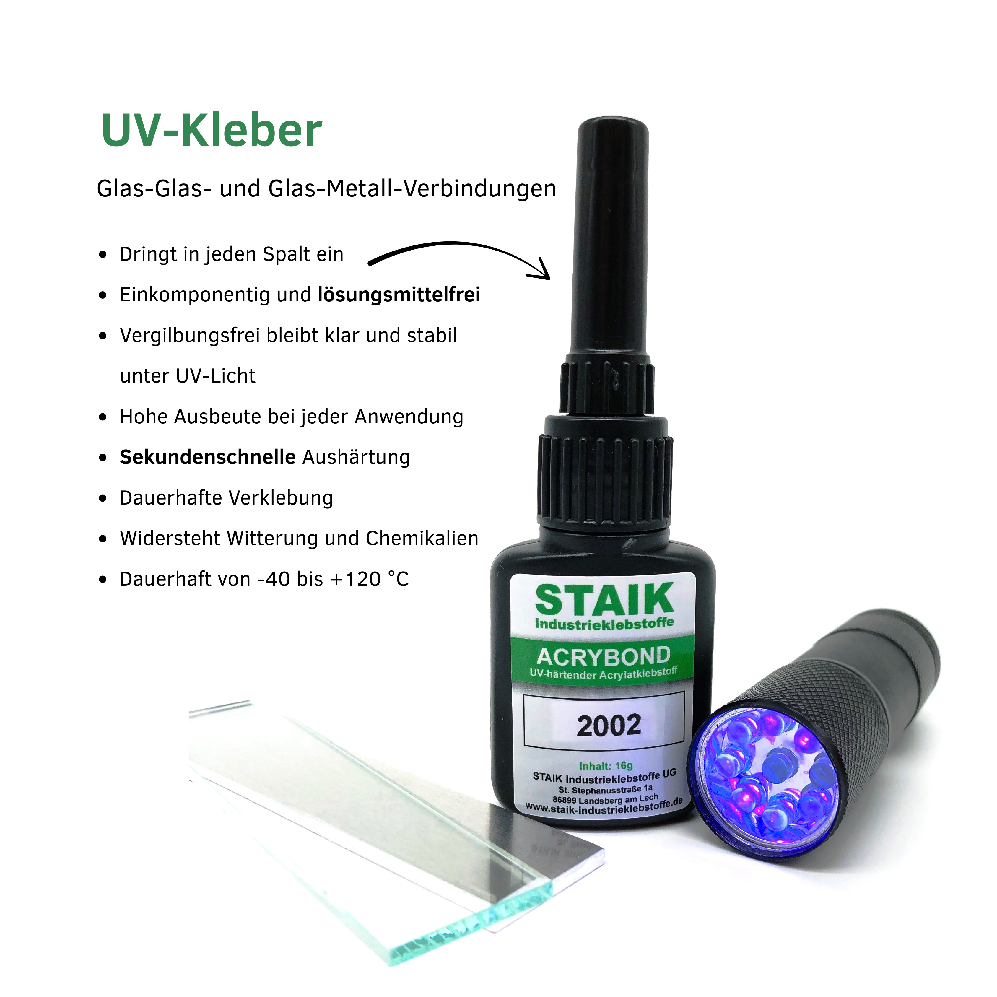 Staik Acrybond 2002 incl. UV-Lampe Industrieklebstoff  - 16g Hochleistungs UV-Kleber