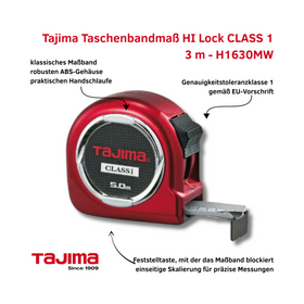 Tajima Hi Lock Maßband 3 m / H1630MW – Class 1 Präzision & Qualität