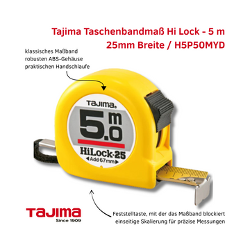 Taschenbandmaß Hi Lock 5 m Gelb / H5P50MYD – robust & präzise messen Tajima