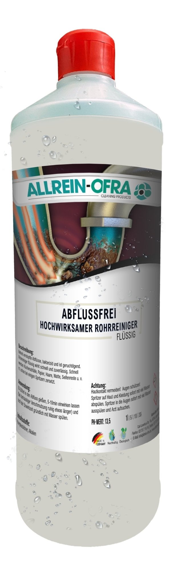 Abflussfrei - hochwirksamer Rohrreiniger - 10 x 1 Liter Flasche - Allrein - Ofra - fivestartoolshop.com