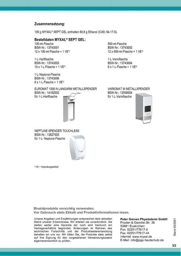 Desinfektionsgel voll-viruzid | MYXAL® SEPT GEL | 100 ml | Kittelflasche - fivestartoolshop.com
