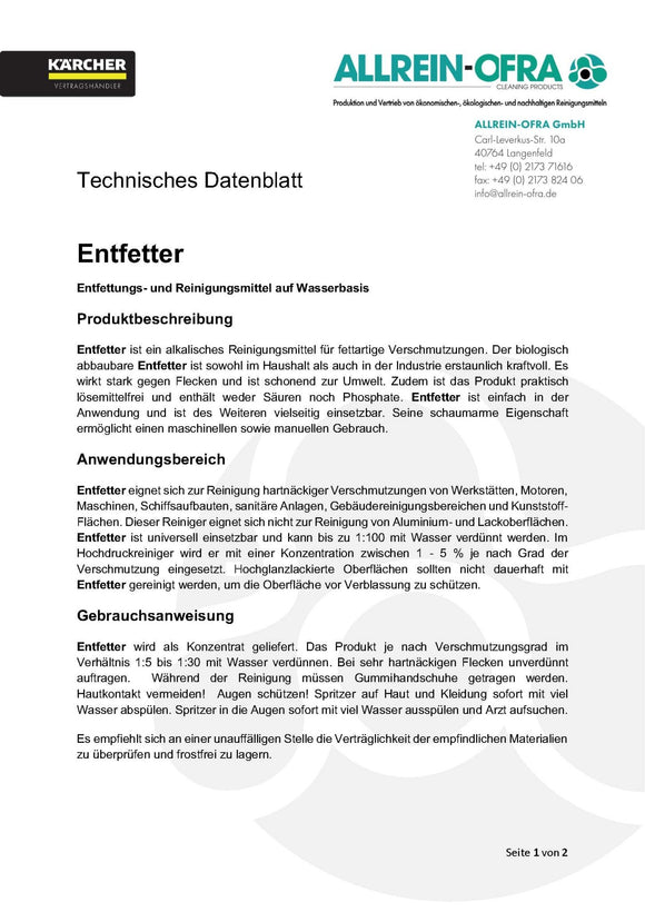 Entfetter | 1 Liter Flasche | Made in Germany | Allrein-Ofra - fivestartoolshop.com