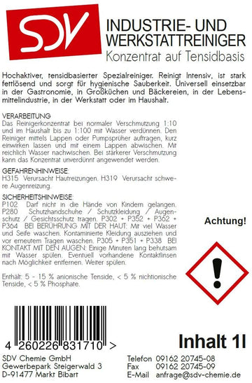 Industrie- Werkstattreiniger | 1 Liter Flasche | Konzentrat auf Tensidbasis | SDV-Chemie - fivestartoolshop.com