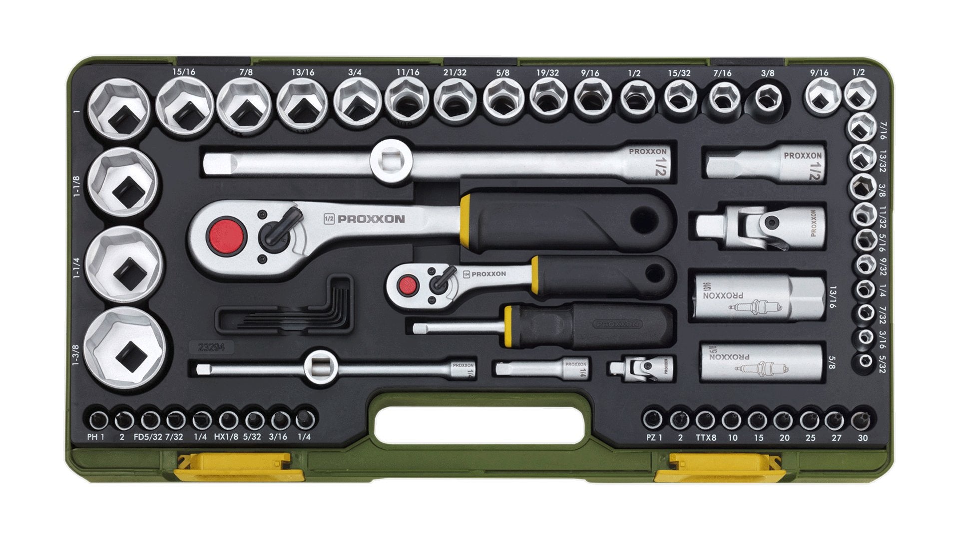 Komplettsatz mit Knüppelratschen 1/4" und 1/2" für zöllige Schrauben, 65 - teilig - Proxxon - fivestartoolshop.com