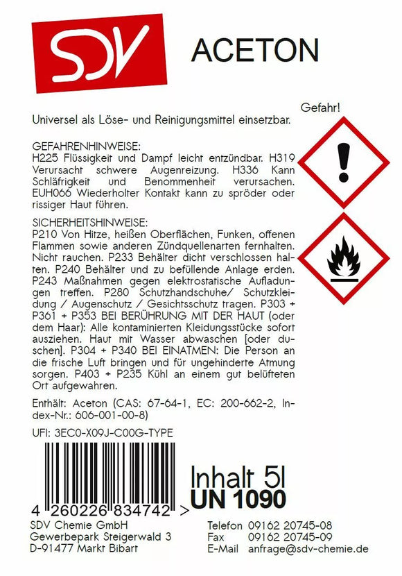 Aceton Reiniger 5 Liter Kanister Entfetter & Pinselreiniger SDV Chemie