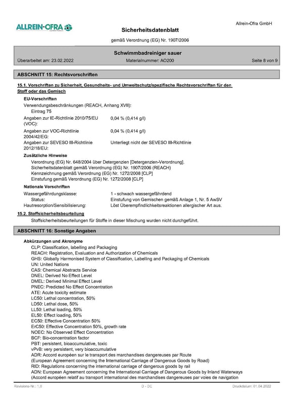 Schwimmbadreiniger | sauer | 1 Liter Flasche - fivestartoolshop.com