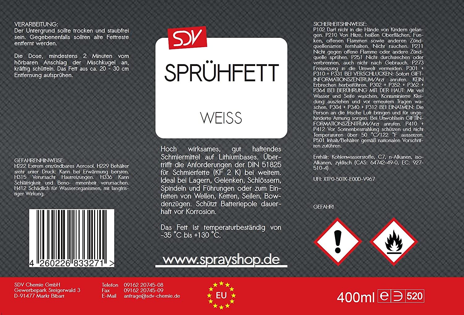 Sprühfett Weiss | 400ml mit PTFE | Spraydose | SDV-Chemie - fivestartoolshop.com