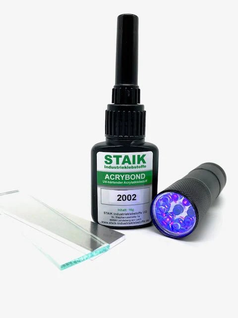 UV - Kleber für Metall und Glass - Industrieklebstoff Acrybond 2002 - 16g + UV - Lampe - Staik - fivestartoolshop.com